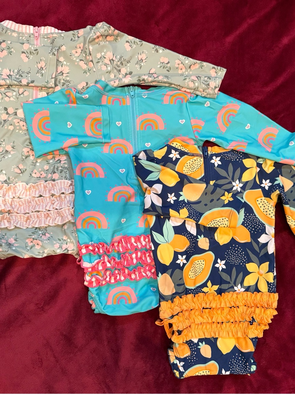 Ruffle Butts Mint Floral, Turquoise Rainbow & Navy Lemon One-Piece Set